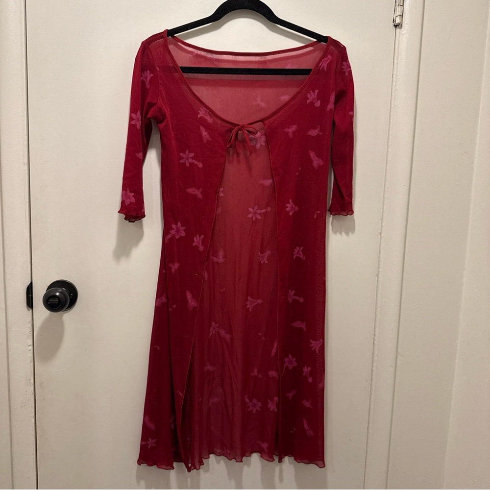 Fairy Red Sheer Floral Mesh Duster Cartigan